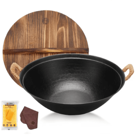 Hand Wok, Cast Iron Wok, Double Handle Wooden Lid Large Wok, Suitable For All Cooktops, Uncoated Chinese Traditional Wok