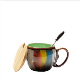 Creative ceramic cup milk cup water cup coffee cup breakfast cup couple cup to cup mug with lid spoon (Color: Green)