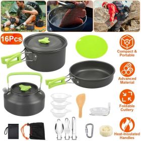 16Pcs Camping Cooking Ware Set Camping Stove Cookware Kit Aluminum Pot Pan Kettle Set with Bowls Knife Fork Spoon Carabiner Spatula Cutting Board for (Color: as picture)